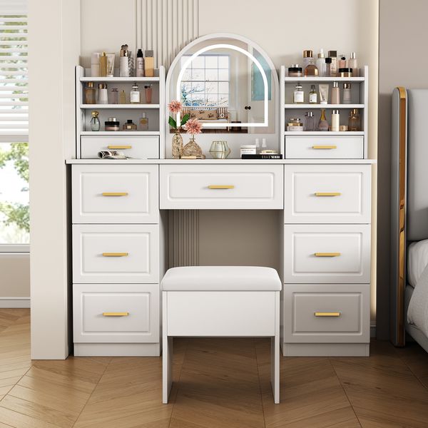 Weißer Schminktisch mit LED Beleuchtung und klappbarer Schublade – Eleganzer Beauty Tisch mit geschwungenem Design, großem Spiegel, mehreren Schubladen và Kippsicherung für Kosmetik Organisation im Schlafzimmer Ankleidezimmer, 120cmx40cmx135cm, Weiß