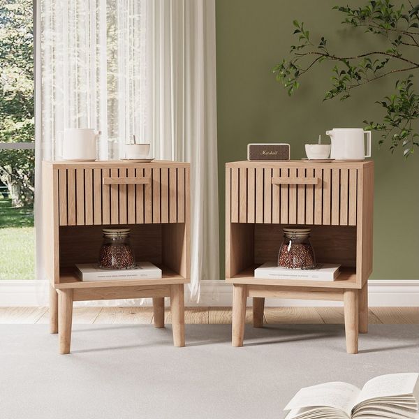 Gdood Nachttisch Wohnzimmertisch Ablagetisch Schreibtisch (2-St, Perfekt für Wohnzimmer und Schlafzimmer), Zweiteiliger, Beistelltisch mit Schubladen, offene Ablage, Holzbeine