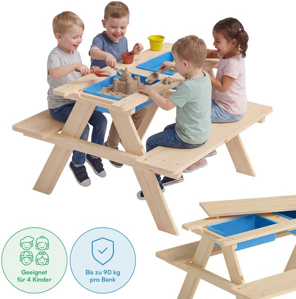 Bellabino 'Inny' Sitzgarnitur für Kinder, Kiefer massiv, natur unbehandelt, 50x89x80 cm, Kindersitzgarnitur für 4 Personen, Matschtisch mit 2 Wannen, ab 2 Jahren