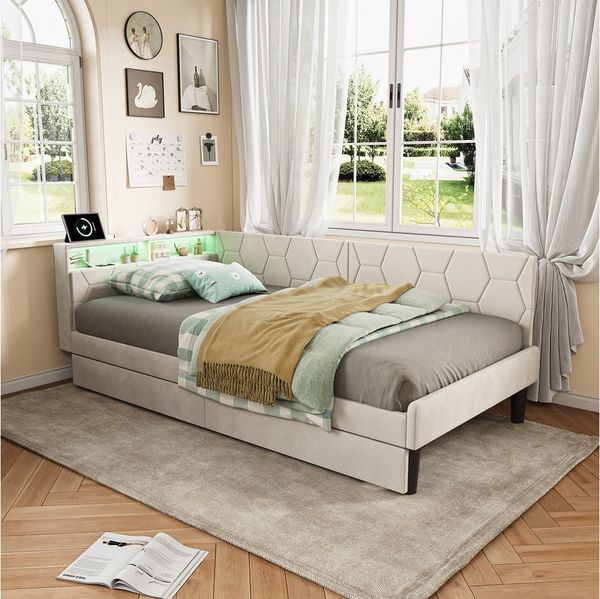 ADWOLT Daybett Tagesbett Polsterbett mit LED-Beleuchtung und Stauraum, Schlafsofa,Jugendbett mit 2 Schubladen und USB,Einzelbett 90x200,Beige