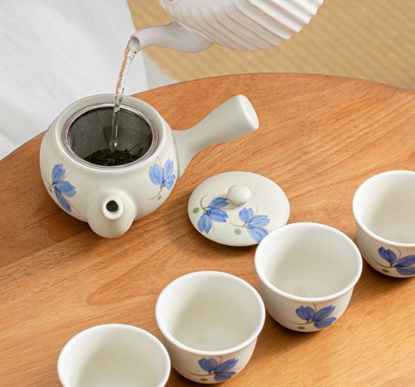Goodwei Teeservice Japanisches Kyusu Teeset „Rindō“ – Seitengriffkanne mit Sieb, 4 Tassen (5-tlg), 1 Personen, Keramik, handgearbeitet