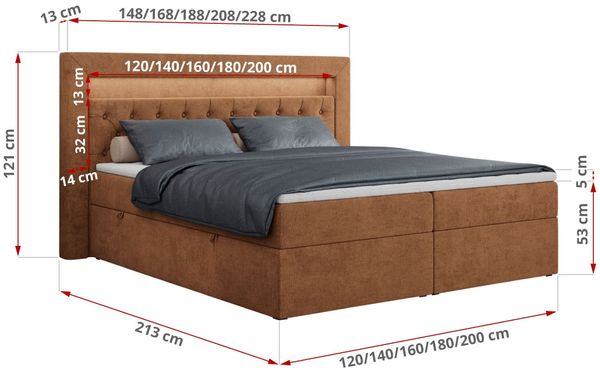 Boxspringbett - Doppelbett mit Multipocket-Matratze und LED - GOLD-6 - 180x200cm - Orange Stoff - H3 Bild 5