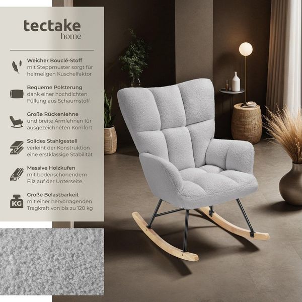 tectake Schaukelstuhl Relaxsessel Torve, gepolstert, Holzkufen, 120 kg Belastbarkeit (Set, 1 St), Kuscheliger Bouclé-Bezug mit stilvollem Steppmuster