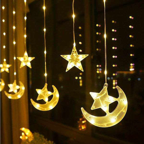 Merry 2024 LED-Lichtervorhang LED-Lichterkette Ramadan,2.3M,Mond mit Stern,Batteriebetriebene, für Schlafzimmer Zelt Party Ramadan Weihnachten