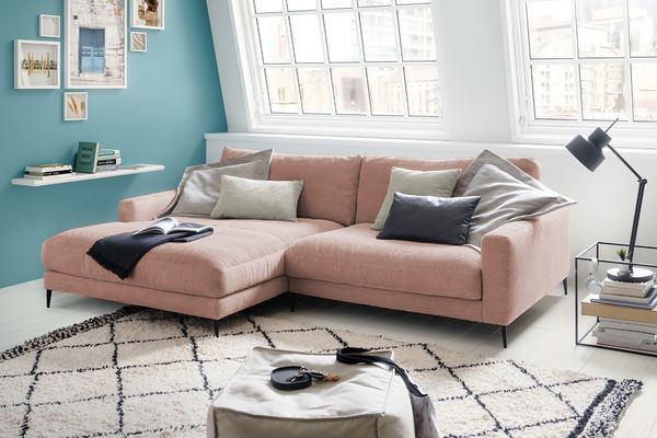 KAWOLA Ecksofa CARA Sofa Recamiere links Cord rosa 84 x 190 x 272 cm