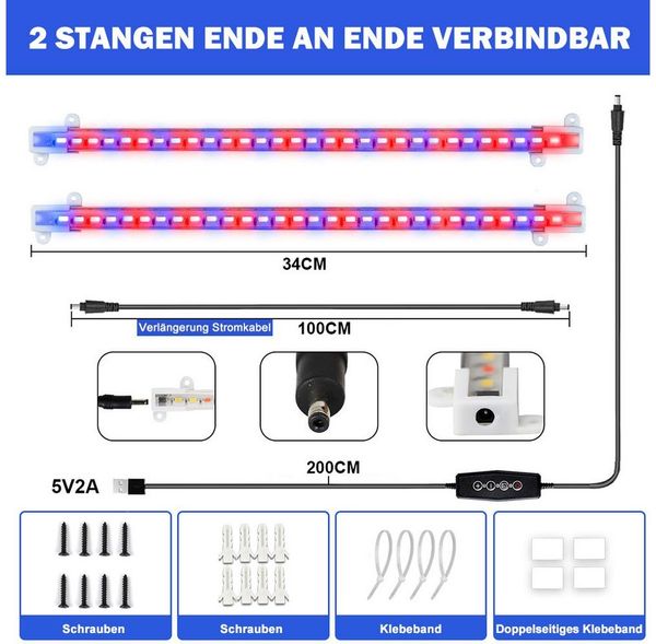 Qualra Pflanzenlampe LED Vollspektrum Pflanzenlampe USB 4/8/12H Timer Rot Blau Grow Lights, für Zimmerpflanzen Gemüse Blume