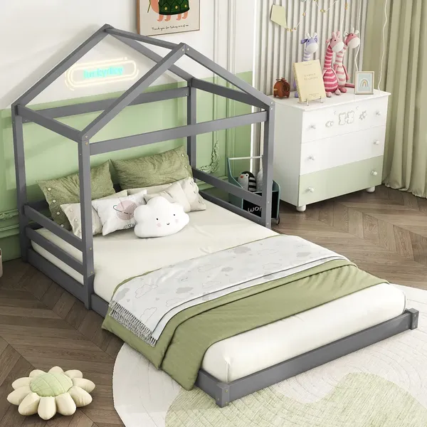 Hausbett mit Lattenrost und Kopfteil, 140x200 cm, Kinderbett, Holzbett, Kiefer