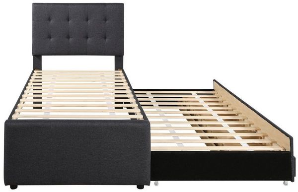 Odikalo Polsterbett Einzelbett 3 Schublade Ausziehbar Verstellbar Kopfteil Beige/Grau 90cm