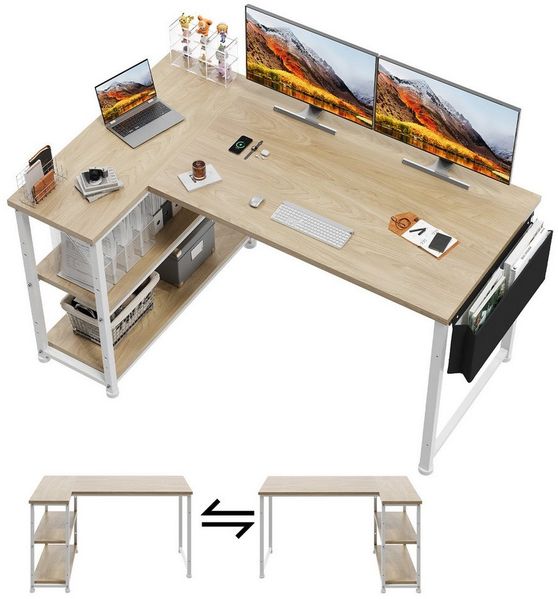 GUNJI Eckschreibtisch Eckschreibtisch Umkehrbarer L-förmiger Computer schreibtisch mit Hutch (Schreibtisch mit verstellbaren Regalen)