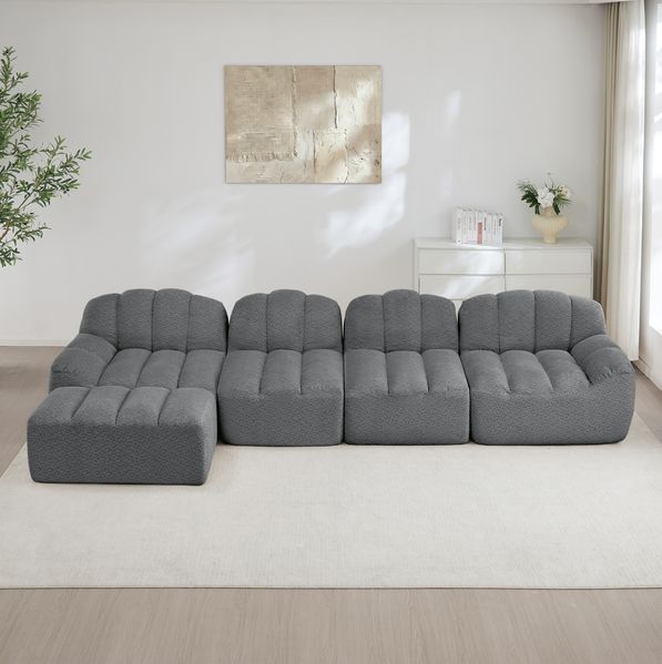 Modulares Sofa aus Granulierter Fleece, 4-Sitzer, L-Form, 366 x 165 x 79 cm, Grau