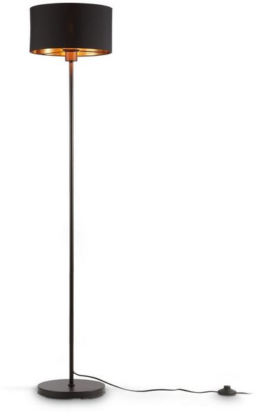 B.K.Licht Stehlampe Stoff-Stehleuchte Schwarz-Gold Textil E27 - BKL1417, ohne Leuchtmittel, Industrial Stoffschirm 30 cm 140 cm Kabel mit Fußtaster