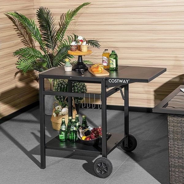 COSTWAY Grillablagetisch, mit 2 Ablagen, 4 Haken & klappbarer Tischplatte