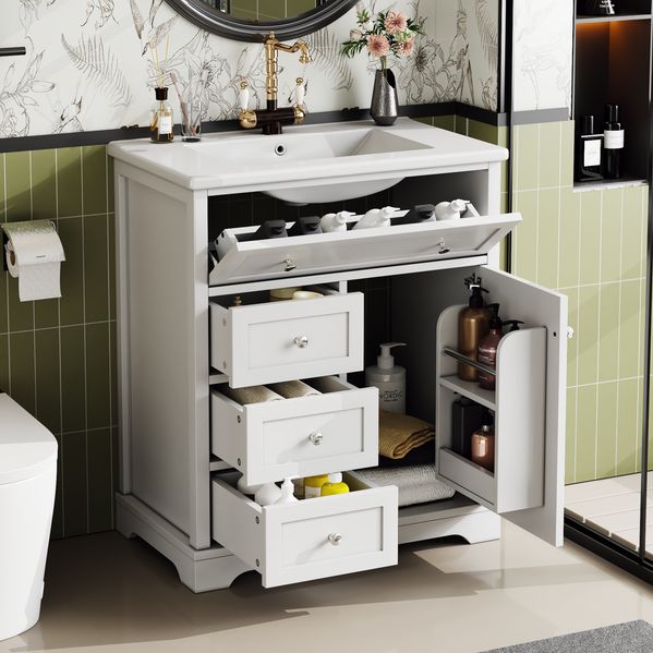 Badezimmerschrank mit integriertem Waschbecken – Freistehender Waschtisch,Weiß lackierte Oberfläche, 3 Schubladen & Türregal