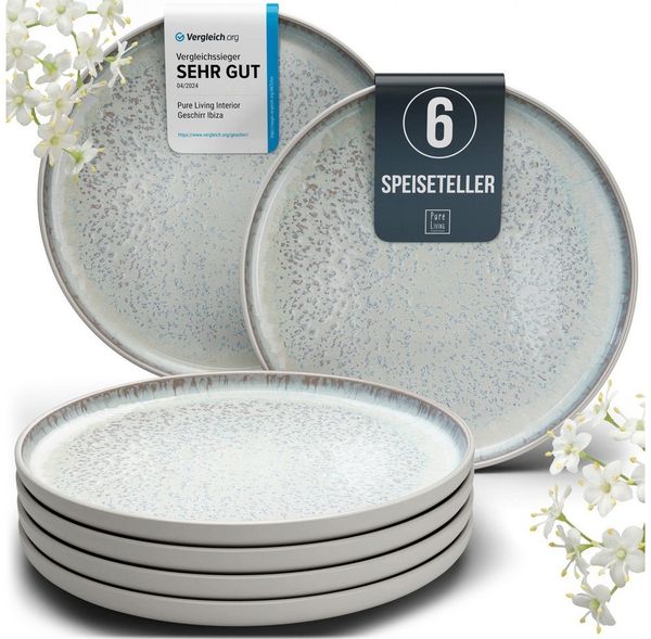PURE LIVING INTERIOR DESIGN Geschirr-Set Pure Living Speiseteller 6er 26cm »Ibiza«, Steingut, Beige, 6 Personen, Steingut, Mediterrane Handwerksoptik, Reaktive Glasur – jedes Stück einzigartig…