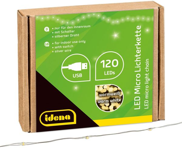 Idena 31483 - LED Micro Lichterkette mit 120 LEDs in Warmweiß, mit USB Stecker und Schalter, ca. 13,5 m lang, Deko für Innen, zum Basteln, als Party Deko, Weihnachtsdeko, zur Hochzeit