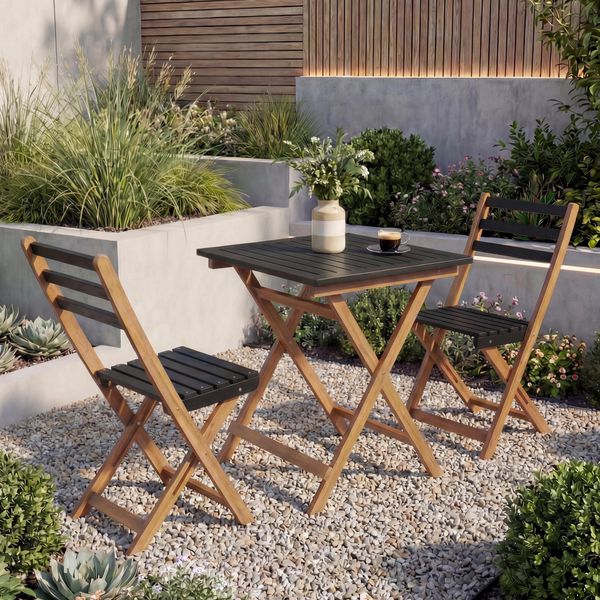 Garnitur HWC-P71, Sitzgruppe Lounge-Set Garten 2x Stuhl Tisch, Akazie Holz klappbar ~ natur-schwarz