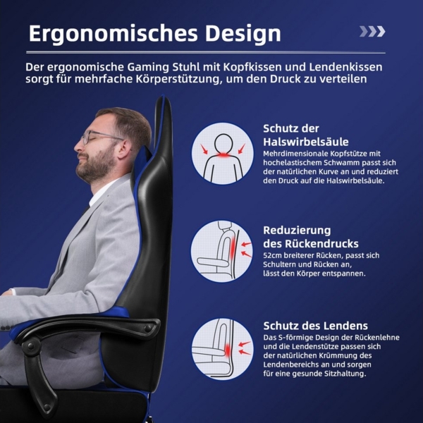 Hiazurm Gaming-Stuhl Gaming Stuhl, Bürostuhl Ergonomisch Wippfunktion bis zu 170° (Gaming Chair mit gepolsterten Armlehnen, 10 cm Höhenverstellung), Verstellbarem Lenden- & Kopfkissen, Gamer Stuhl 150kg Belastbarkeit Bild 2