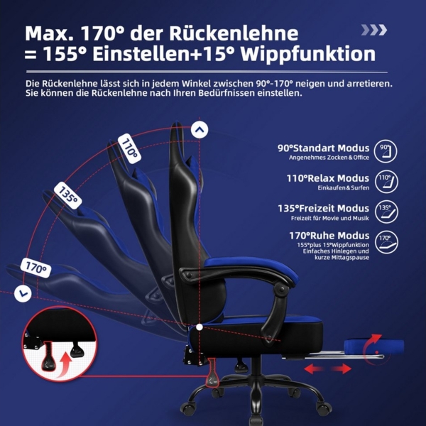Hiazurm Gaming-Stuhl Gaming Stuhl, Bürostuhl Ergonomisch Wippfunktion bis zu 170° (Gaming Chair mit gepolsterten Armlehnen, 10 cm Höhenverstellung), Verstellbarem Lenden- & Kopfkissen, Gamer Stuhl 150kg Belastbarkeit Bild 3