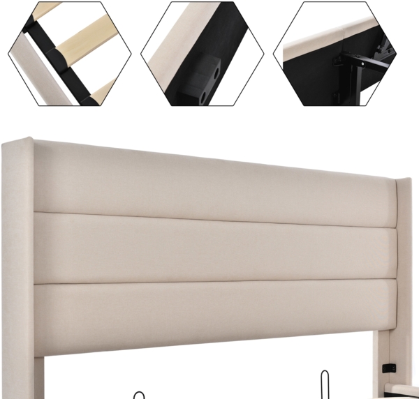 Polsterbett 140x200 cm mit Stauraum, Hydraulik-Bettkasten, gepolstertes Kopfteil, Leinenbezug Beige Bild 6