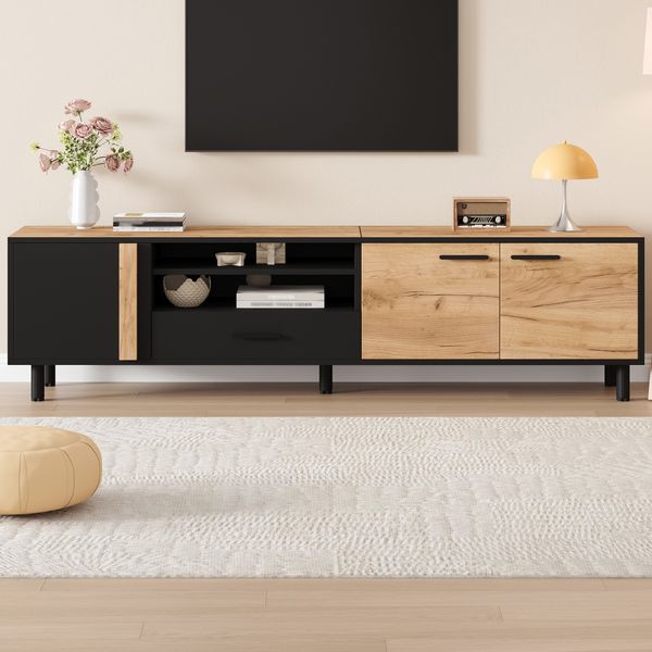 TV-Schrank 180 x 32,5 x 50 cm in Schwarz & Holzoptik mit 3 Türen, 1 Schublade und offenem Fach