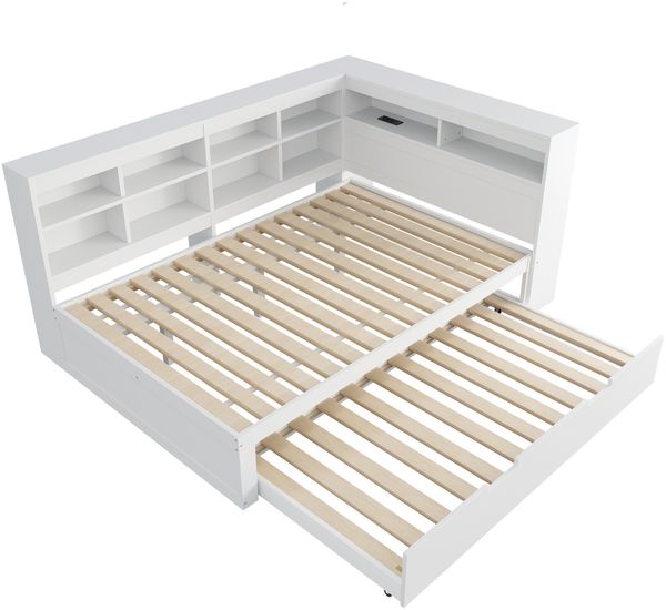 Merax Doppelbett, Schlafsofa 140*200, ausziehbares Bett 90*190 mit USB-Steckdose und mehreren Ablagefächern, Massivholzbett, Multifunktionsbett aus Holz, weiß Bild 9