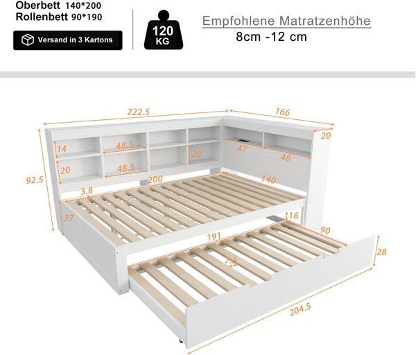 Merax Doppelbett, Schlafsofa 140*200, ausziehbares Bett 90*190 mit USB-Steckdose und mehreren Ablagefächern, Massivholzbett, Multifunktionsbett aus Holz, weiß Bild 4