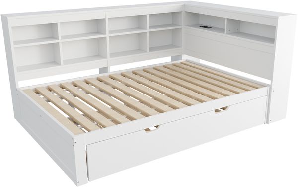 Merax Doppelbett, Schlafsofa 140*200, ausziehbares Bett 90*190 mit USB-Steckdose und mehreren Ablagefächern, Massivholzbett, Multifunktionsbett aus Holz, weiß Bild 7