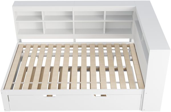 Merax Doppelbett, Schlafsofa 140*200, ausziehbares Bett 90*190 mit USB-Steckdose und mehreren Ablagefächern, Massivholzbett, Multifunktionsbett aus Holz, weiß Bild 6