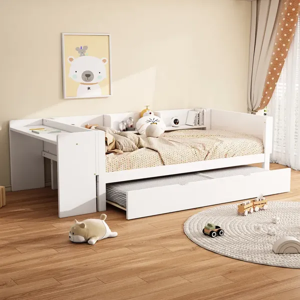 Jugendbett mit Ausziehbett, Schreibtisch, Regal und Lattenrost, 90x200 cm, Einzelbett, Holzbett
