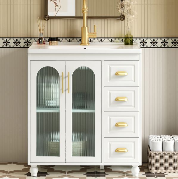 Waschtisch mit Unterschrank 80 cm – weiß, mit Keramikbecken und flexiblen Stauraumfächern