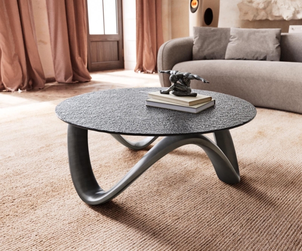 Couchtisch Tanju 90x90 cm Metallic Silber mit Reliefglas Grau