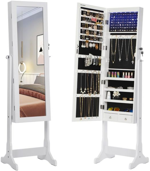 Songmics LED Beleuchtung Schmuckschrank, mit Spiegel, 4 Ablagen und 2 kleinen Schubladen, abschließbar, MDF Weiß, 41 x 151 x 36,5 cm