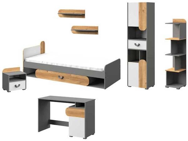 Jugendzimmer-Set komplett Carina 7-teilig graphit hell weiß Nash Eiche