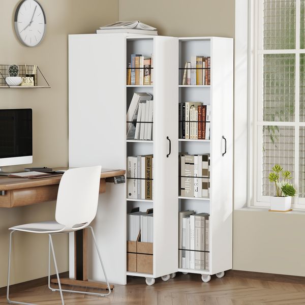 Bücherregal, Erweiterbares mit Rollen 4 Ebenen links und rechts austauschbar MDF 20 kg Tragkraft pro Ebene leise Lenkrollen für Bad Küche Wohnzimmer, MDF, Weiß