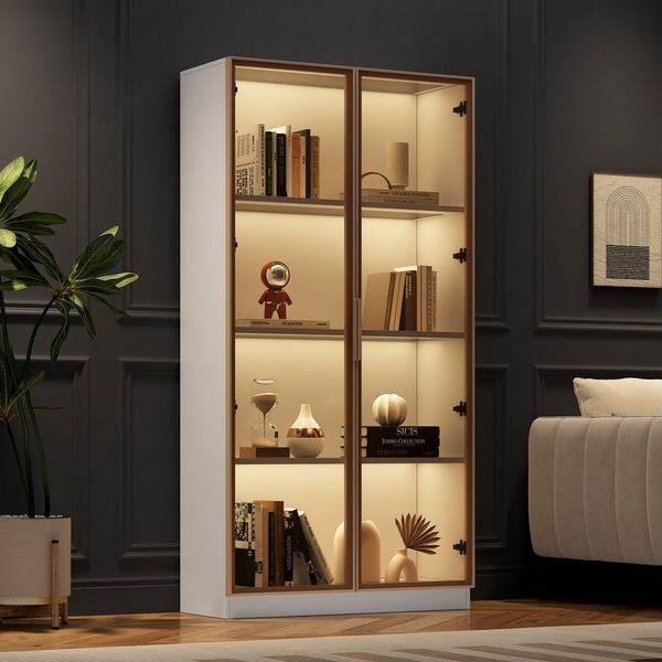 REDOM Standvitrine LED Vitrinenschrank Glasvitrine Weiß (1-St) mit 16-farbiger LED-Beleuchtung, beweglichen Einlegeböden, 80*40*160cm