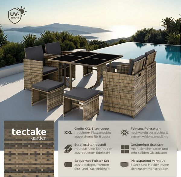 tectake Sitzgruppe Rattan Sitzgruppe, (Set, 9-tlg), für 4 bis 8 Personen
