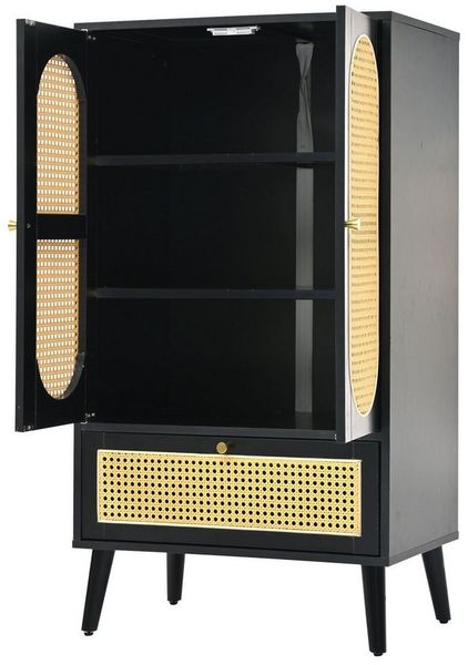 Yorbay Beistellschrank Kompaktes Sideboard mit Rattan-Design Schwarz Vielseitige Aufbewahrung Kommode mit 3 Ebene + 1 Schublade für Wohnzimmer 60*40*110.5 cm(L*W*H) Bild 5