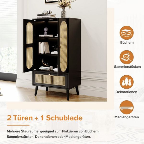 Yorbay Beistellschrank Kompaktes Sideboard mit Rattan-Design Schwarz Vielseitige Aufbewahrung Kommode mit 3 Ebene + 1 Schublade für Wohnzimmer 60*40*110.5 cm(L*W*H) Bild 3