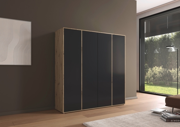 rauch Kleiderschrank Nabila, Drehtürenschrank, Garderobenschrank, 4-türig, mit 1 Kleiderstange und 5 Einlegeböden, Farbe Grau metallic/Eiche Artisan, Schwarz/Holz, mit Push-to-Open Funktion, 187x194x53cm
