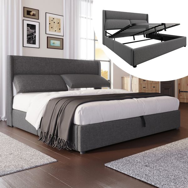 Merax Polsterbett Doppelbett 140x200cm mit Verstellbare Kopfstützen,Hydraulisches Bettgestell mit Stauraum, Leinenmaterial Bett mit Metall- Lattenrost, Grau