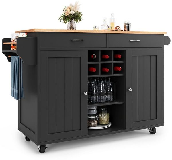 i@home Küchenwagen Moderne Kücheninsel(102×45×92cm), Küchenschrank, Multifunktionale Esstisch mit Speicherraum, Grau/Schwarz/Blau