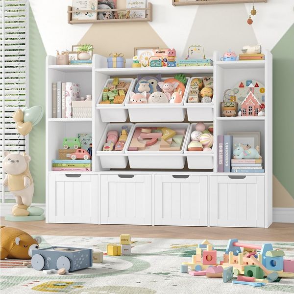 Homfa Kinderregal mit 4 Spielzeugkisten auf Rollen und 6 Boxen, Spielzeugregal mit 7 offenen Fächern Spielzeugtruhe 139.5 x 106 x 30cm