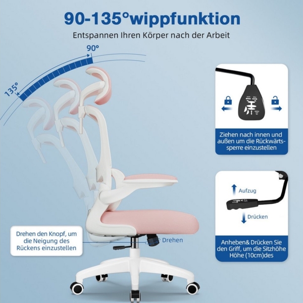 Homimaster Bürostuhl Bürostuhl, Schreibtischstuhl Ergonomisch mit Klappbaren Armlehnen (Bürostuhl mit Verstellbarer Kopfstütze, 90° Klappbare Armlehnen und Lendenwirbelstütze, Höhenverstellbarer Chefsessel aus Mesh), Bürostuhl mit maximaler Neigung von... Bild 3