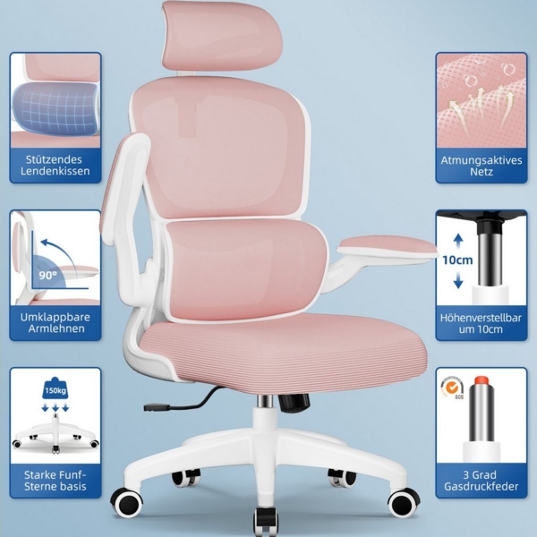 Homimaster Bürostuhl Bürostuhl, Schreibtischstuhl Ergonomisch mit Klappbaren Armlehnen (Bürostuhl mit Verstellbarer Kopfstütze, 90° Klappbare Armlehnen und Lendenwirbelstütze, Höhenverstellbarer Chefsessel aus Mesh), Bürostuhl mit maximaler Neigung von... Bild 2