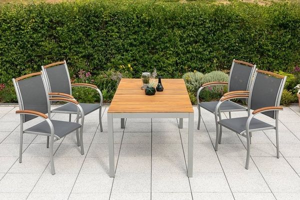 Siena Gartenmöbel Set 5tlg, Stapelsessel & 150 x 90 cm, silber/schwarz