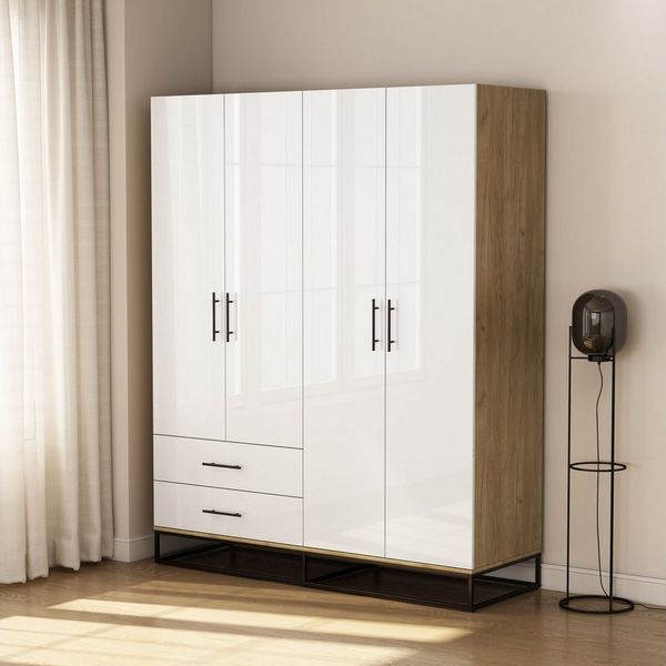 OTTO home Kleiderschrank Luca Kommode Schrank Schlafzimmer (Schwarze Griffe und Kufengestell aus Metall) Schlafzimmerschrank mit 4 Türen und 2 Schubladen, Breite 160cm