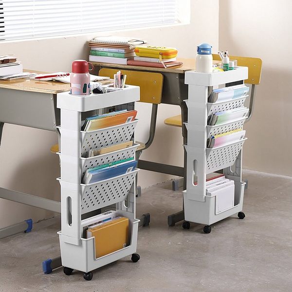 Rutaqian Bücherregal Mobiles Bücherregal mit Rollen, Kunststoff 5-schichtiges Organiser, Kinder-Bücherwagen, Standregal Raumteiler, Dokumentenwagen,Weiß