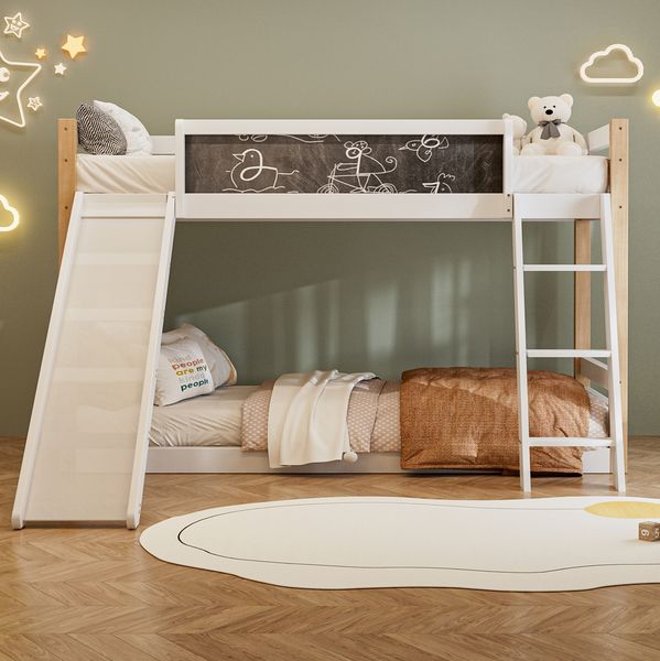 Etagenbett 90×200 & 90×190 cm mit Rutsche und Treppe – Kinderbett aus Holz und PB in Weiß