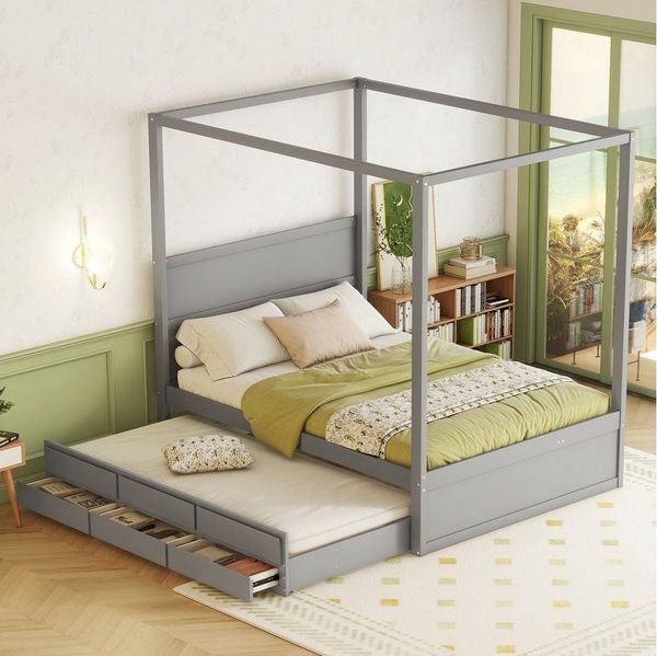 SOFTWEARY Himmelbett Doppelbett mit Lattenrost und Gästebett (140x200 cm/90x190 cm), Holzbett aus Kiefer