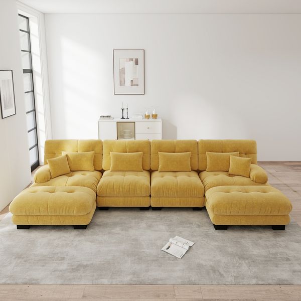 Ecksofa modular in Gelb, Chenille-Bezug mit beweglichem Ottoman und weichem Cloud-Komfort,81x406x145 cm
